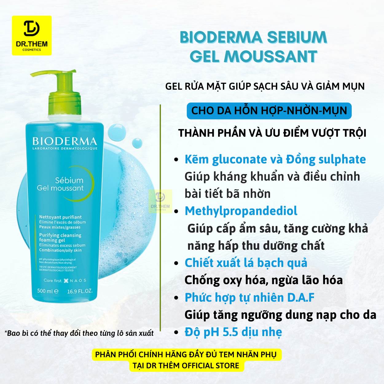 Sữa Rửa Mặt Da Hỗn Hợp Dầu Sebium Gel Moussant [200ml]