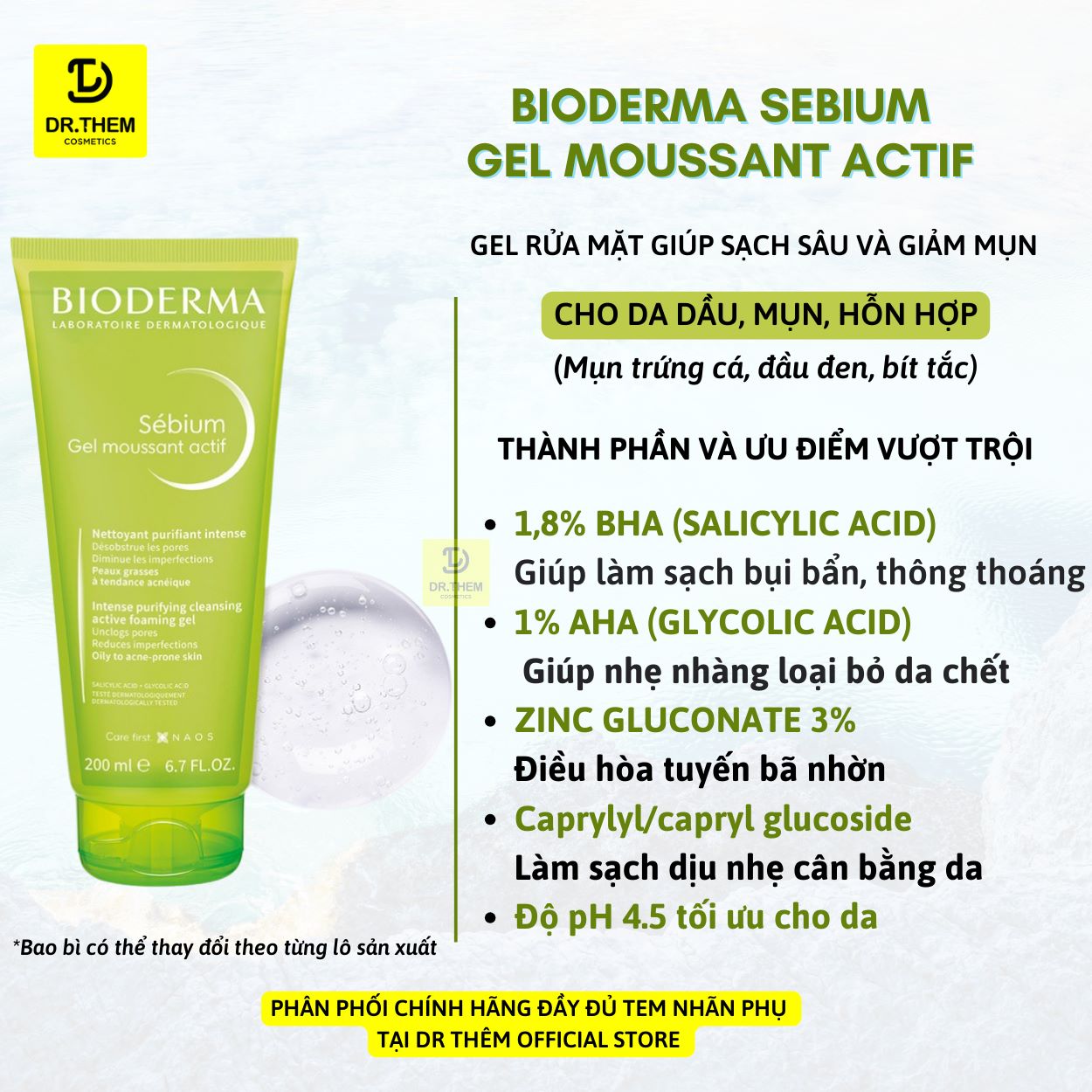 Sữa Rửa Mặt Da Hỗn Hợp Dầu Sebium Gel Moussant [200ml]