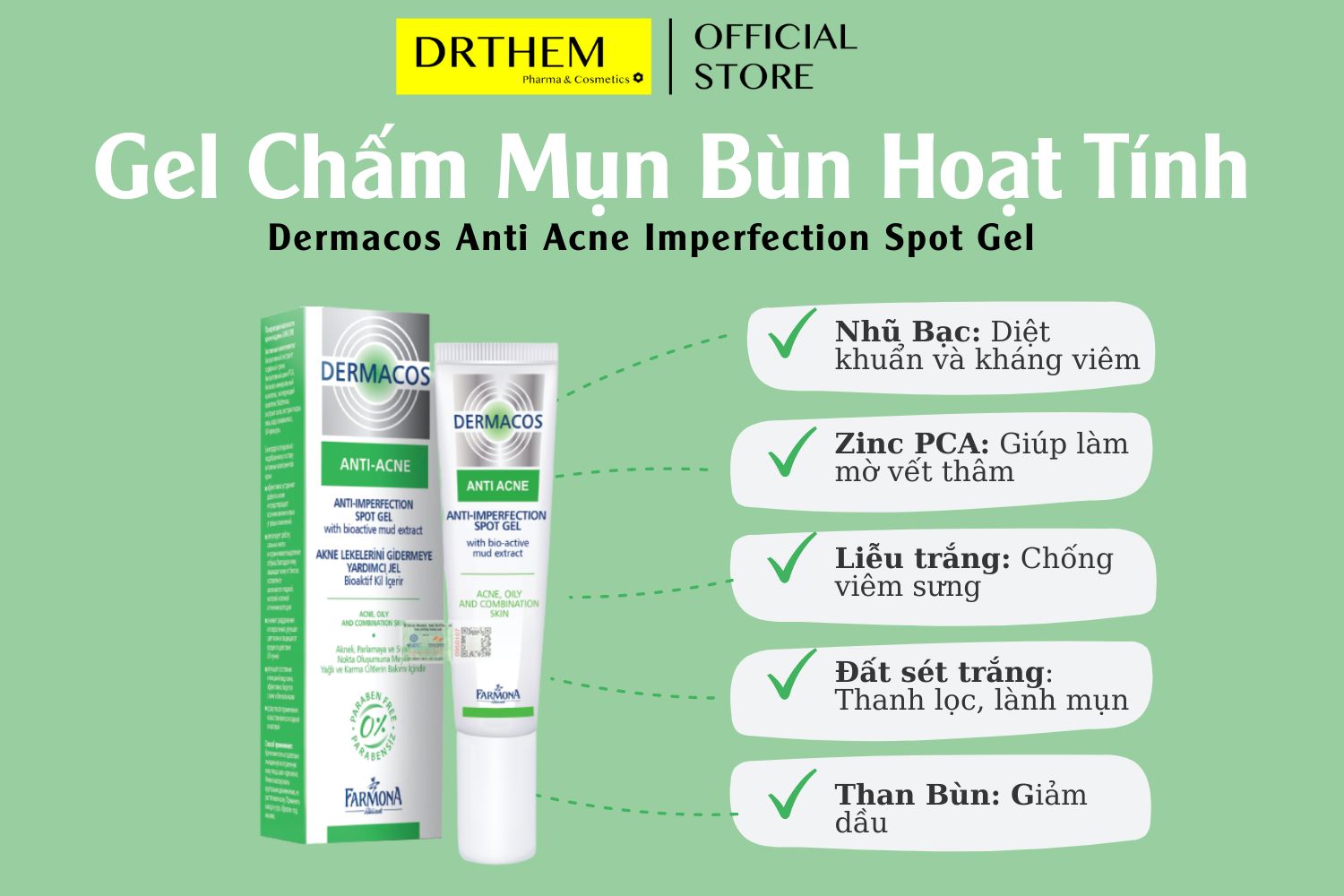 Gel Chấm Mụn Chứa Bùn Hoạt Tính Farmona Dermacos Anti Acne Imperfection Spot Gel [15ml]