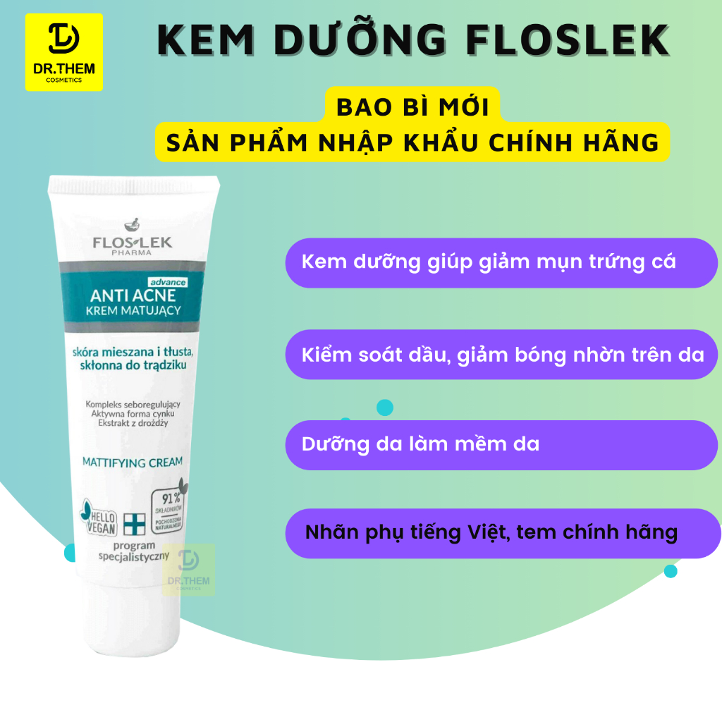 Kem Kiểm Soát Dầu Và Giảm Mụn FLOSLEK Anti Acne Mattifying Cream [50ml]