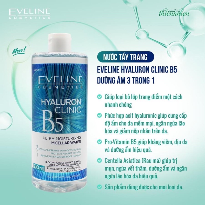 Nước Tẩy Trang Dưỡng Ẩm Cho Da Eveline Hyaluron Clinic B5 Ultra Moisturising Micellar Water 500ml