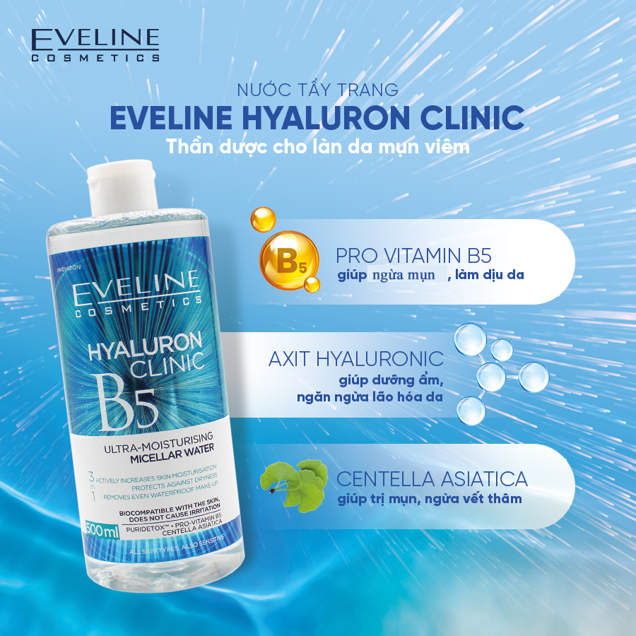 Nước Tẩy Trang Dưỡng Ẩm Cho Da Eveline Hyaluron Clinic B5 Ultra Moisturising Micellar Water 500ml