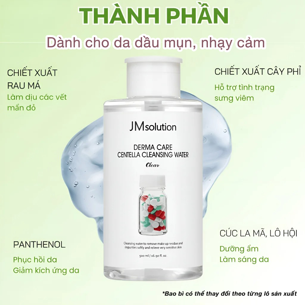 Nước tẩy trang dành cho da nhạy cảm và dầu mụn JMsolution Derma Care Centella Cleansing Water (500ml)