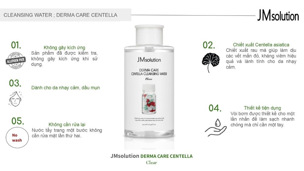 Nước tẩy trang dành cho da nhạy cảm và dầu mụn JMsolution Derma Care Centella Cleansing Water (500ml)