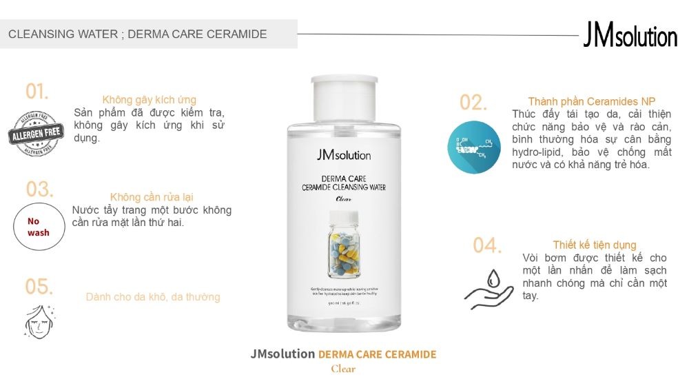 Nước Tẩy Trang Cho Da Khô, Da Thường JM Solution Derma Care Ceramide Cleansing Water Clear 500ml