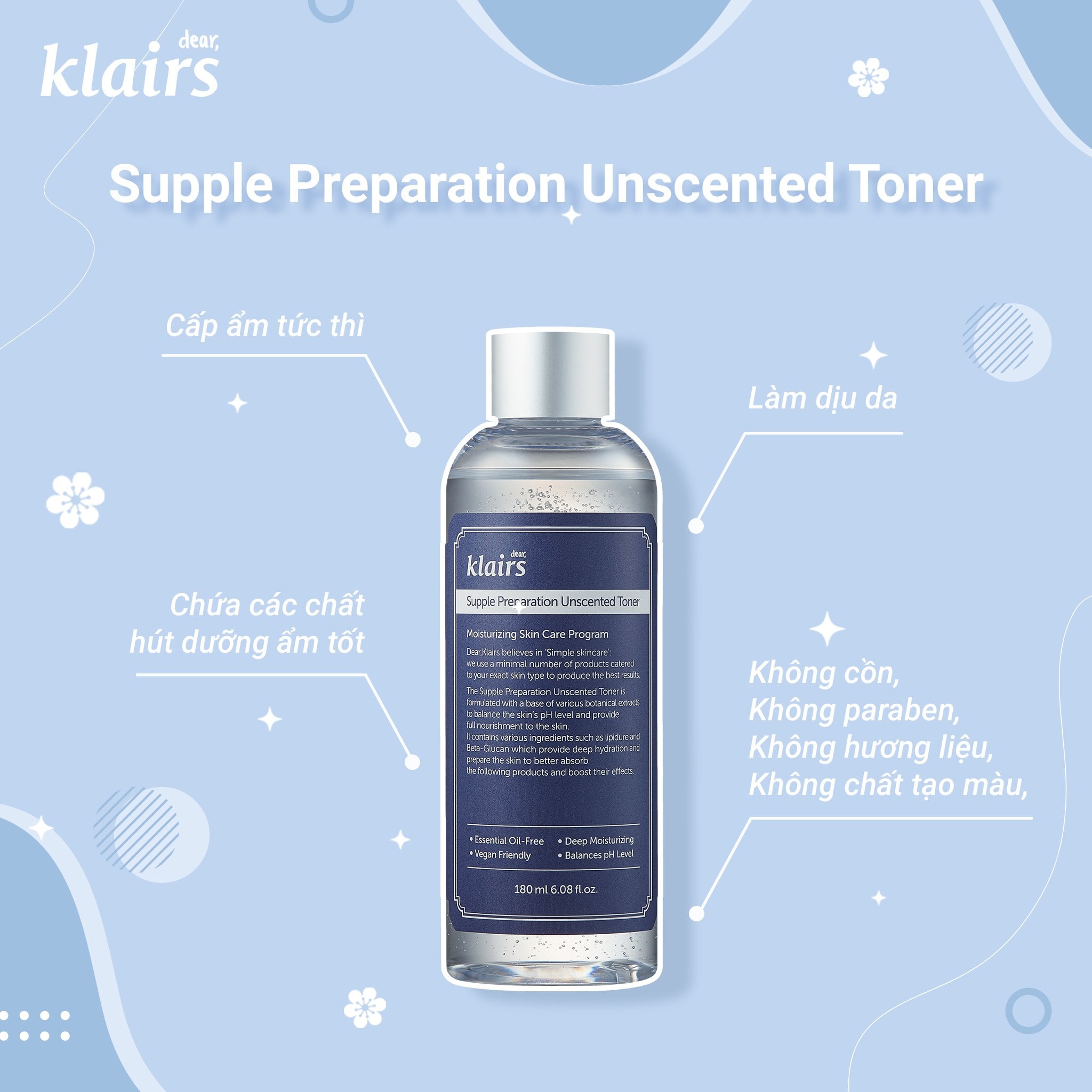 Nước hoa hồng không mùi Klairs Supple Preparation Unscented Toner 180ml