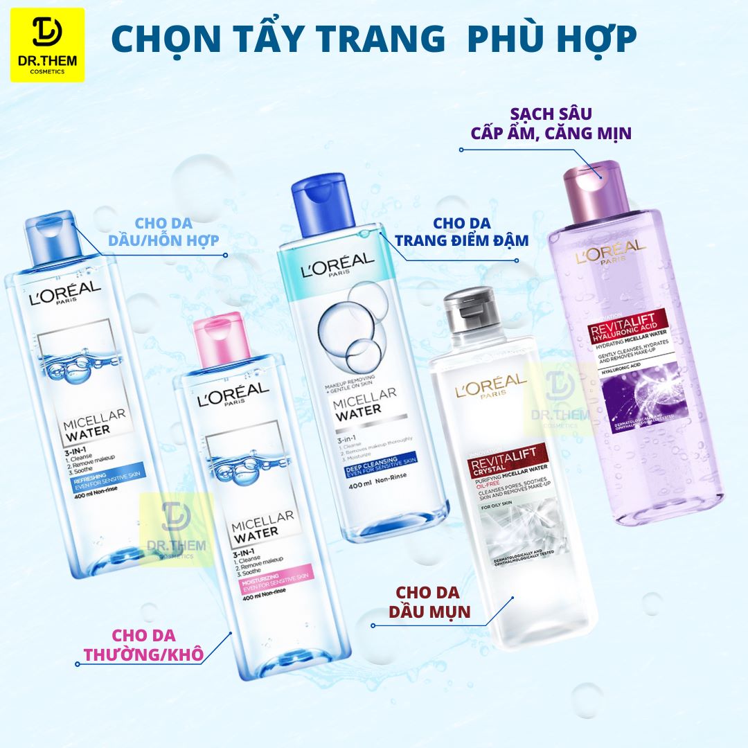 Nước Tẩy Trang L'Oreal Paris 3in1, Làm Sạch, Dưỡng Ẩm Cho Mọi Loại Da Micellar Water 400ml