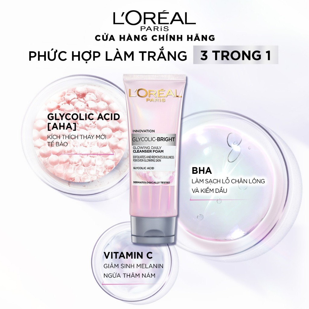 Sữa Rửa Mặt L'Oreal Paris Glycolic Bright Sáng Da 100ml Glycolic-Bright Glowing Daily Cleanser Foam